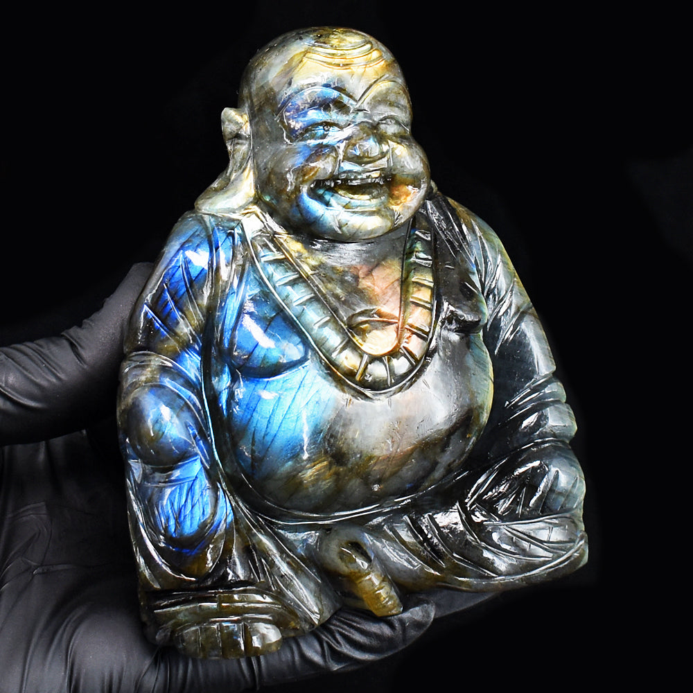 Beautiful 3343.00 Cts Genuine Amazing Flash Labradorite Hand Carved Crystal Laughing Buddha Gemstone Carving