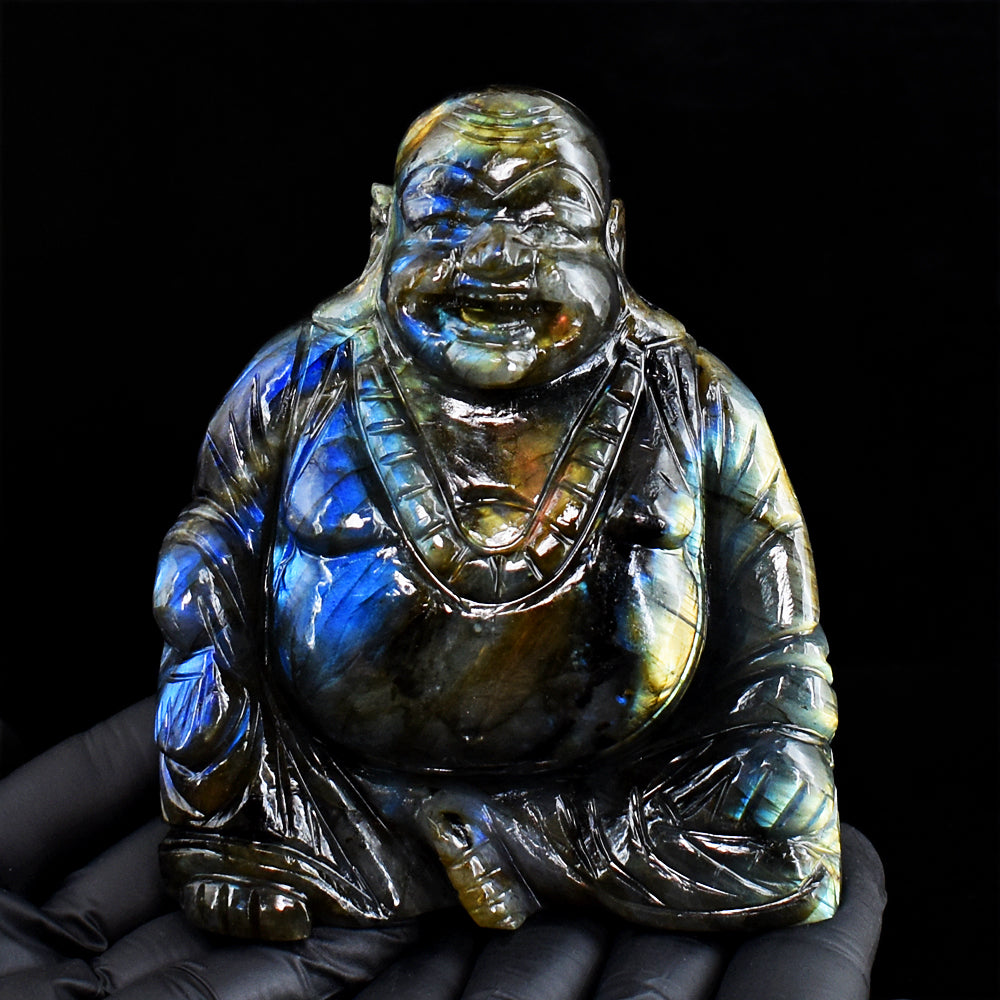 Beautiful 3343.00 Cts Genuine Amazing Flash Labradorite Hand Carved Crystal Laughing Buddha Gemstone Carving