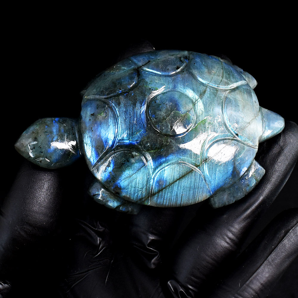 Beautiful 624.00 carats Genuine Blue Flash Labradorite Hand Carved Gemstone Crystal Turtle Carving