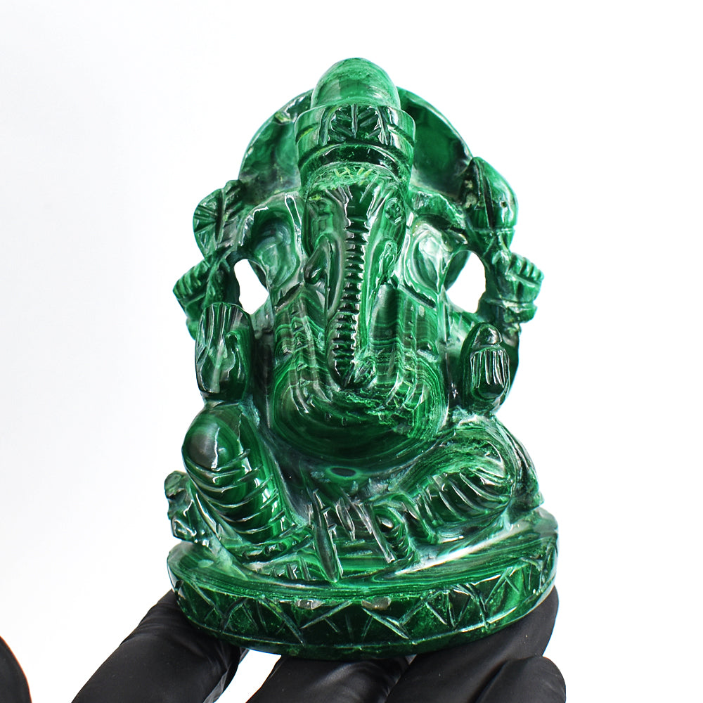 Beautiful 2134.00 Cts Genuine Malachite Hand Carved Crystal Lord Ganesha Gemstone Carving