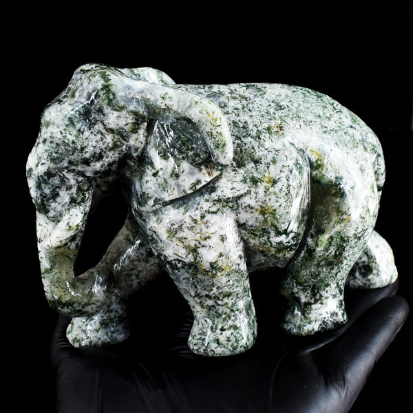 Artisian 3989.00 Cts Genuine Moss Agate Hand Carved Gemstone Crystal Elephant Carving