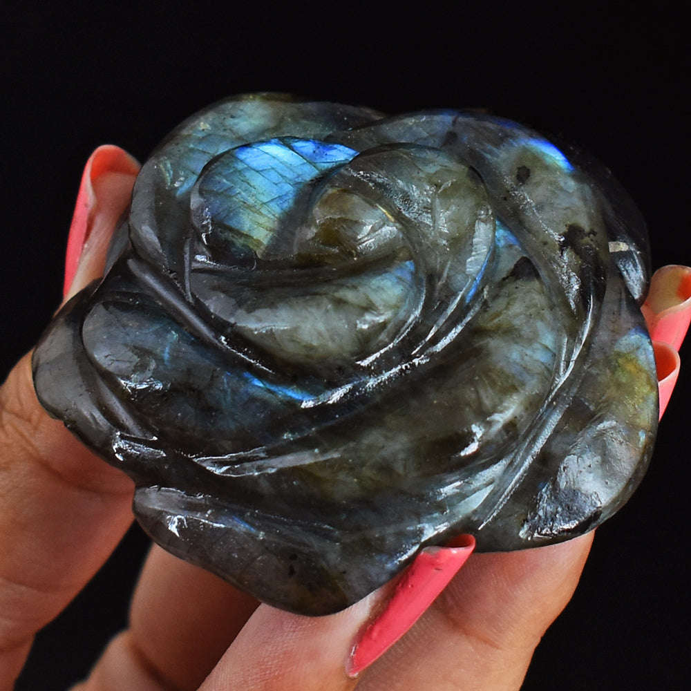 gemsmore:Artisian  396.00 Cts  Amazing Flash Labradorite Hand  Carved  Rose  Gemstone  Carving