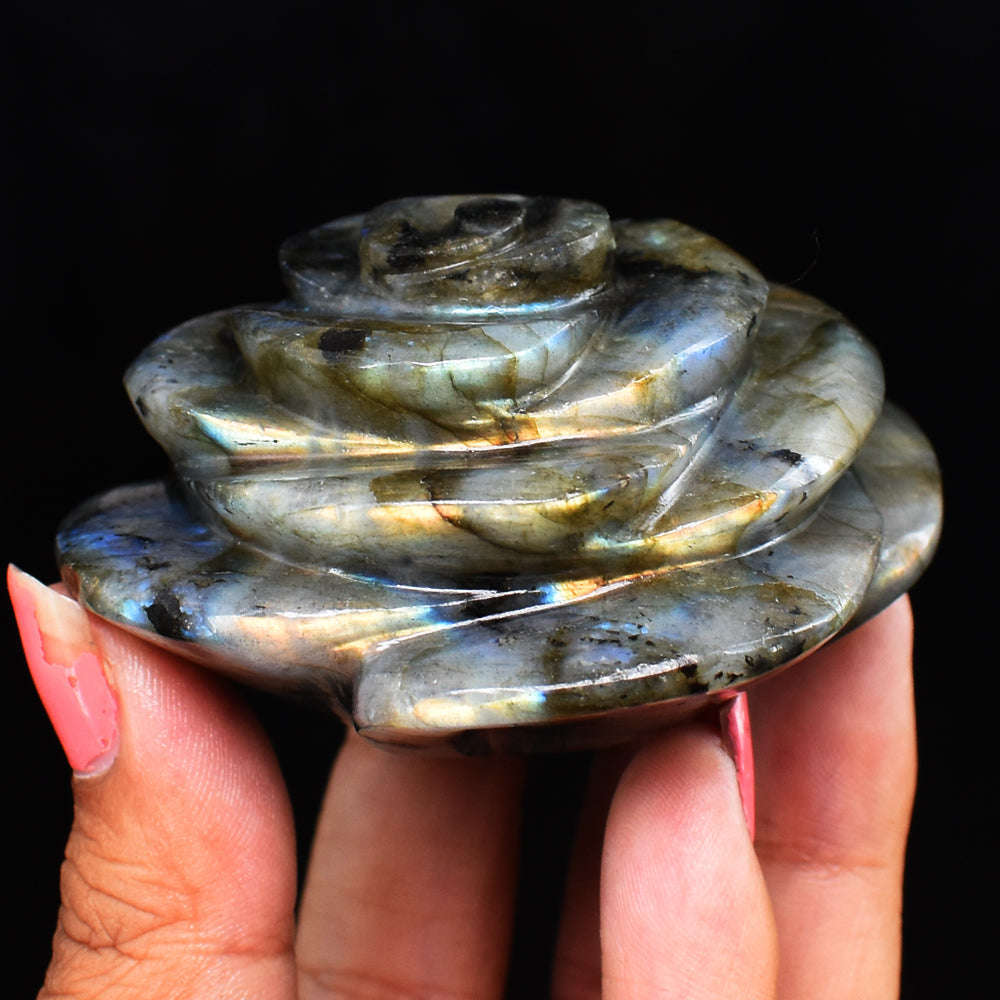 gemsmore:Artisian  603.00 Cts  Amazing Flash Labradorite Hand  Carved  Rose  Gemstone  Carving