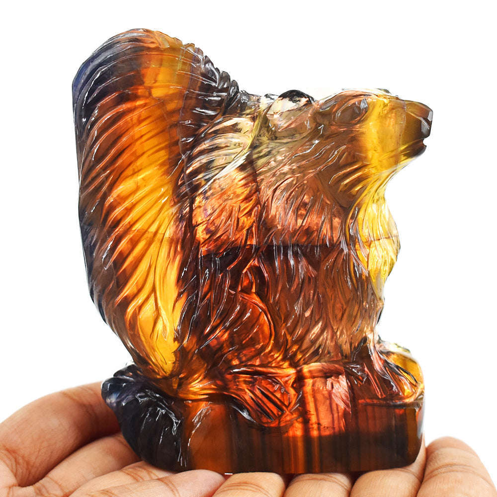 gemsmore:Beautiful 2055.00 Carats Genuine Multicolor Fluorite Hand Carved Gemstone Squirrel Carving