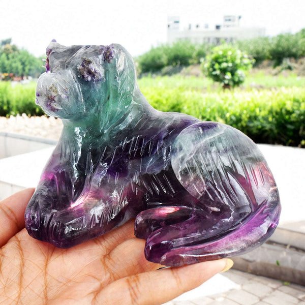 gemsmore:Beautiful  2614.00 Cts  Genuine  Multicolor Fluorite Hand Carved Gemstone Carving Dog