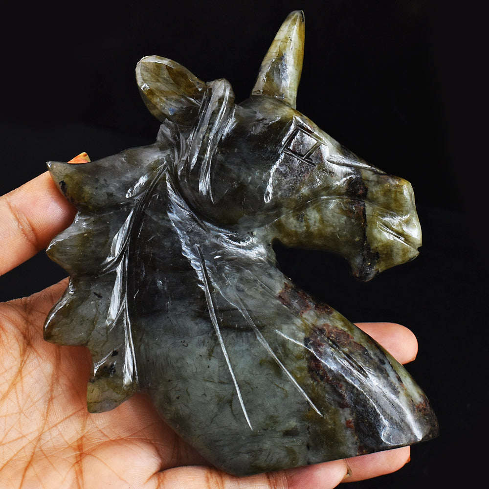 gemsmore:Blue  Flash  Labradorite  1650.00  Cts Genuine Hand Carved Unicorn Head Gemstone Carving