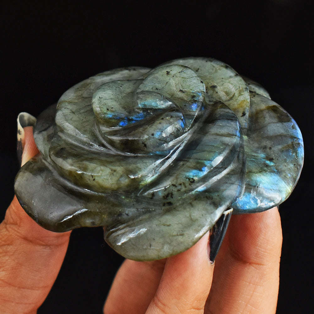 gemsmore:Blue Flash Labradorite 490.00 Cts  Genuine  Hand Carved  Gemstone Rose Flower