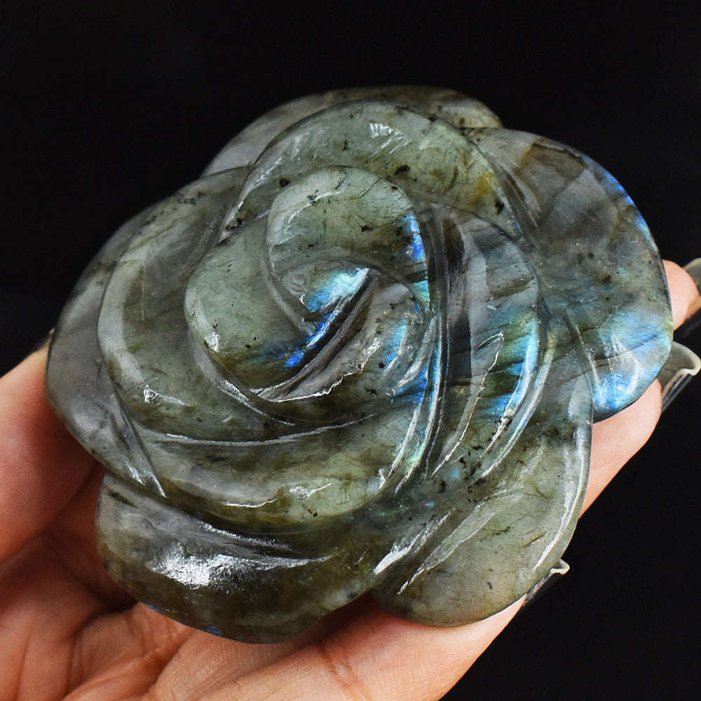 gemsmore:Blue Flash Labradorite 490.00 Cts  Genuine  Hand Carved  Gemstone Rose Flower