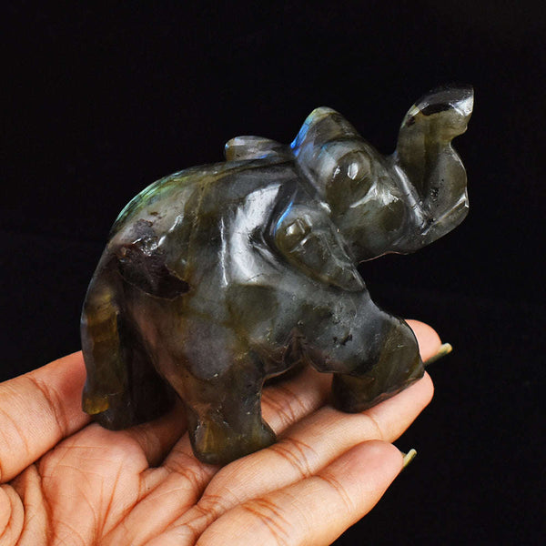 gemsmore:Craftsmen Golden & Blue Flash Labradorite  Hand Carved Genuine Crystal Gemstone  Elephant Carving