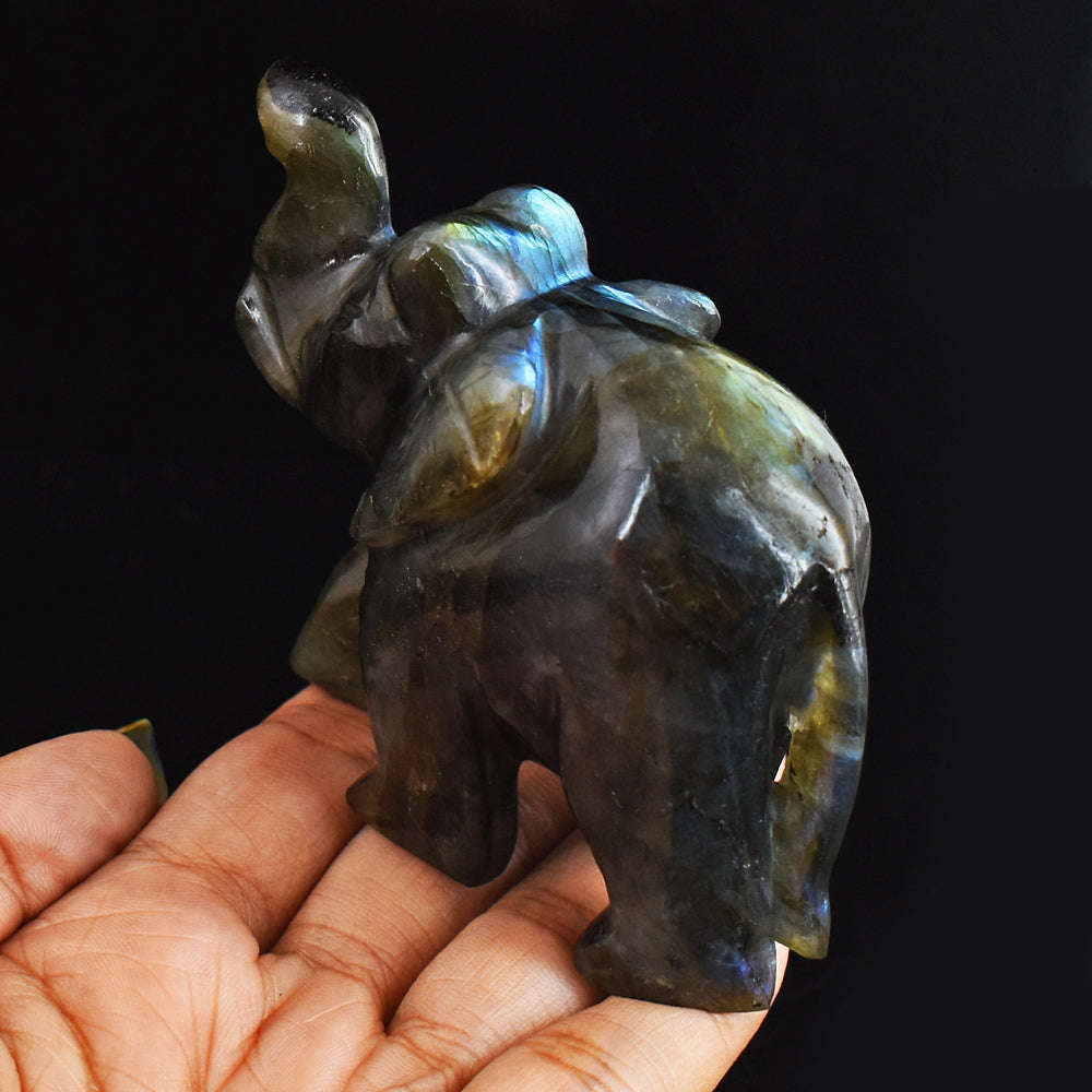 gemsmore:Craftsmen Golden & Blue Flash Labradorite  Hand Carved Genuine Crystal Gemstone  Elephant Carving