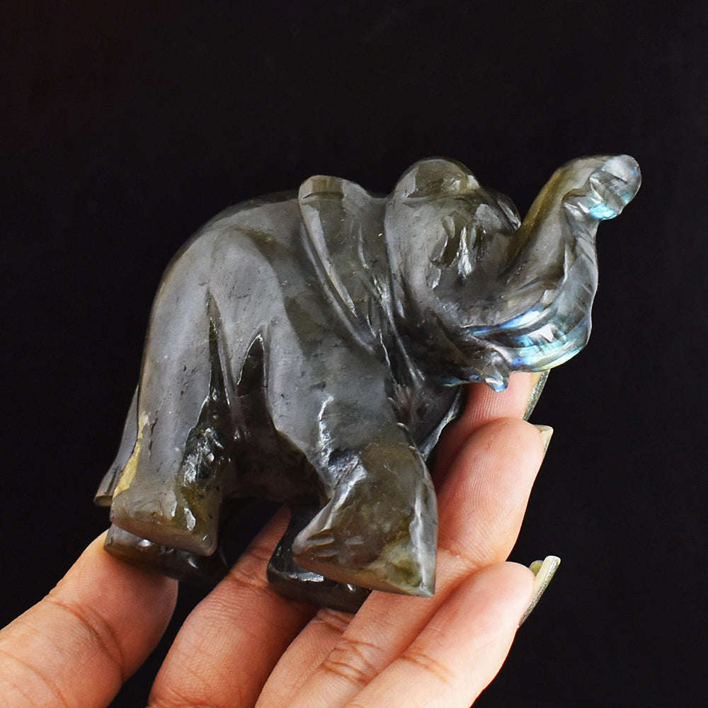 gemsmore:Craftsmen Golden & Blue Flash Labradorite  Hand Carved Genuine Crystal Gemstone  Elephant Carving