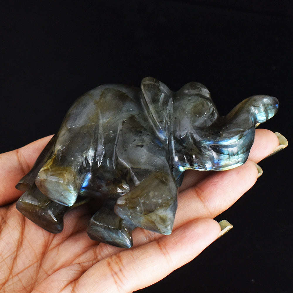 gemsmore:Craftsmen Golden & Blue Flash Labradorite  Hand Carved Genuine Crystal Gemstone  Elephant Carving