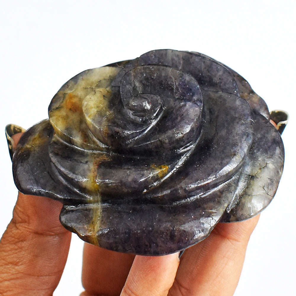 gemsmore:Genuine 574.00  Cts  Hand Carved  Blue  Iolite  Flower  Rose Gemstone  Carving