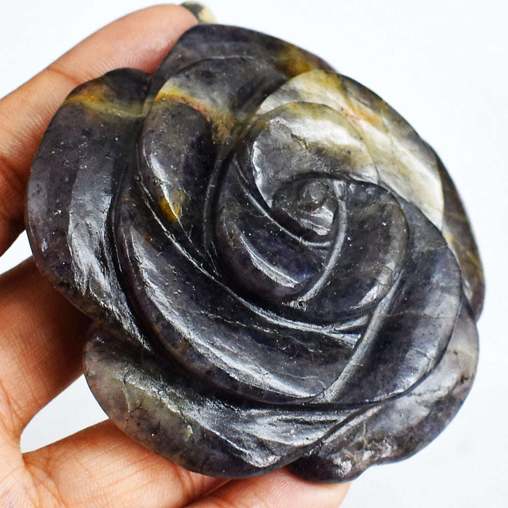 gemsmore:Genuine 574.00  Cts  Hand Carved  Blue  Iolite  Flower  Rose Gemstone  Carving