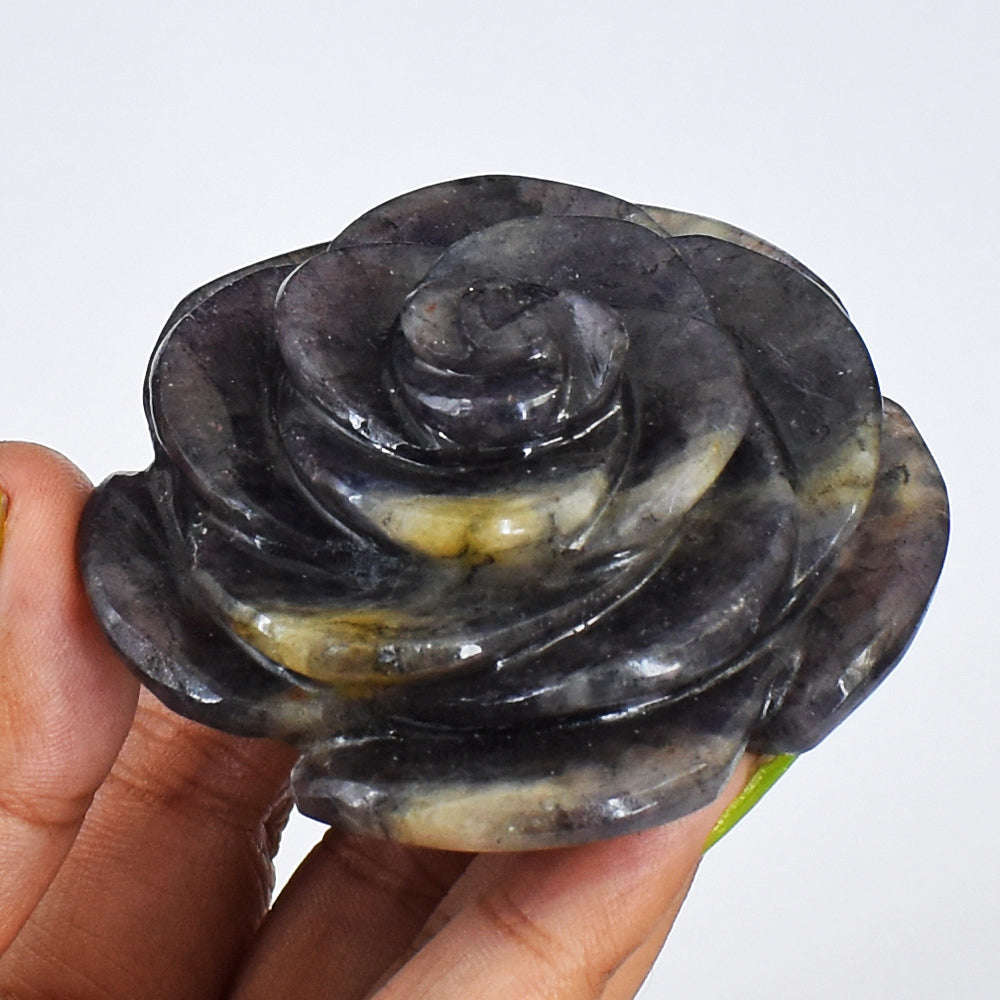 gemsmore:Genuine 589.00  Cts  Hand Carved Blue Iolite Flower  Rose Gemstone