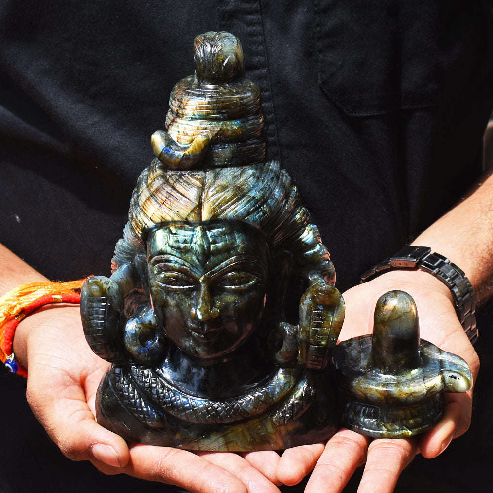 gemsmore:Gorgeous  13780.00  Cts Genuine  Amazing Flash Labradorite Hand Carved Lord Shiva Head With Shivling Gemstone Carving