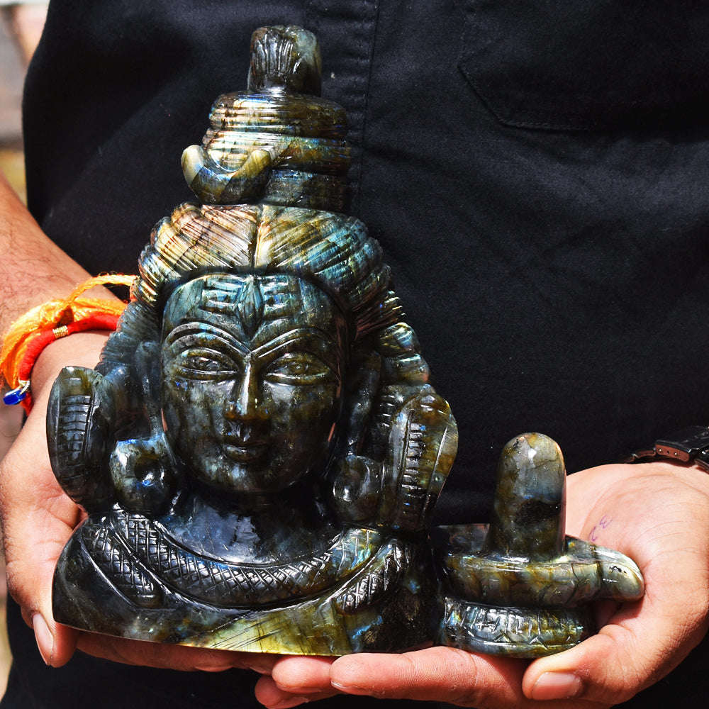 gemsmore:Gorgeous  13780.00  Cts Genuine  Amazing Flash Labradorite Hand Carved Lord Shiva Head With Shivling Gemstone Carving