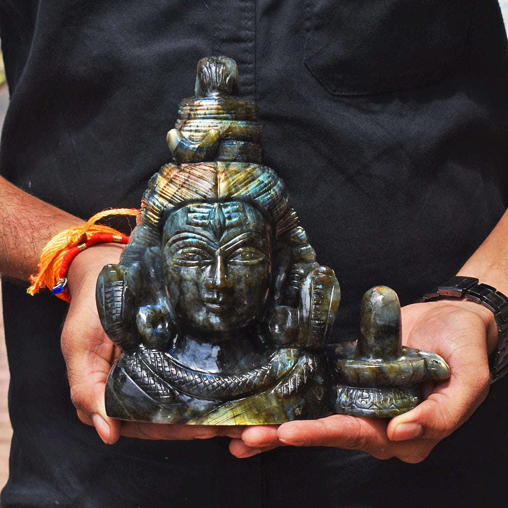 gemsmore:Gorgeous  13780.00  Cts Genuine  Amazing Flash Labradorite Hand Carved Lord Shiva Head With Shivling Gemstone Carving