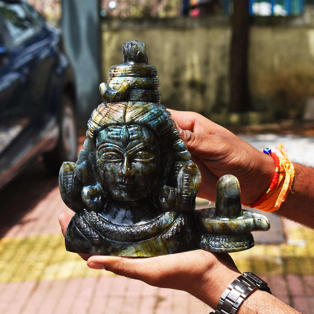 gemsmore:Gorgeous  13780.00  Cts Genuine  Amazing Flash Labradorite Hand Carved Lord Shiva Head With Shivling Gemstone Carving