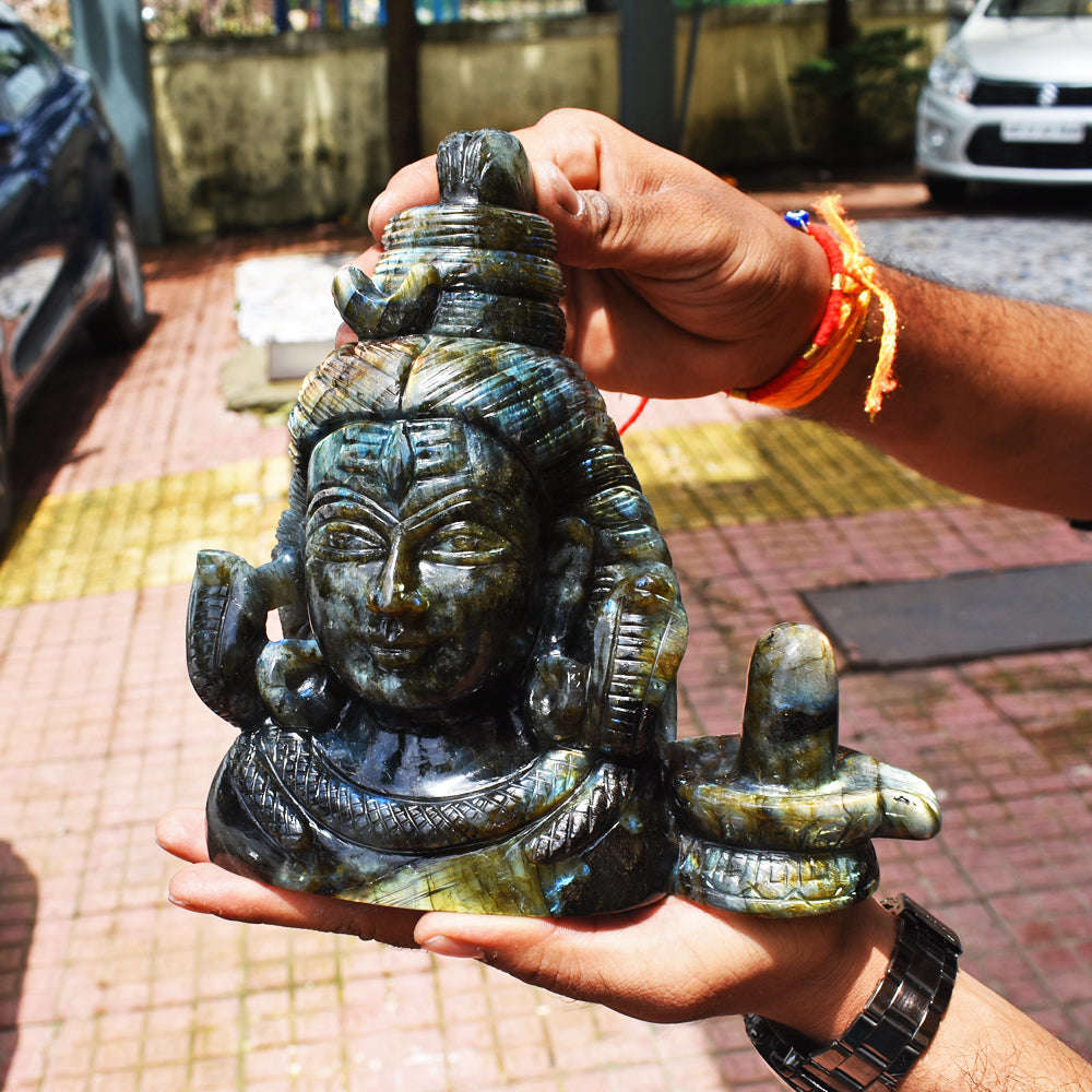 gemsmore:Gorgeous  13780.00  Cts Genuine  Amazing Flash Labradorite Hand Carved Lord Shiva Head With Shivling Gemstone Carving