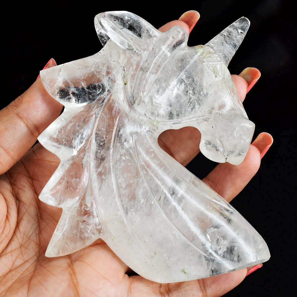 gemsmore:Natural  1056.00  Cts  Genuine  White  Quartz  Hand  Carved  Crystal Gemstone  Carving Unicorn Head