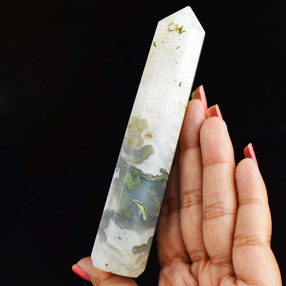 gemsmore:Natural  519.00 Cts Genuine  Hand Carved  Moss Agate  Healing Point