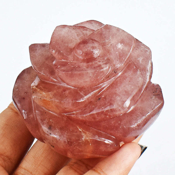 gemsmore:Natural  878.00 Cts  Strawberry  Quartz  Hand  Carved  Rose  Gemstone  Carving