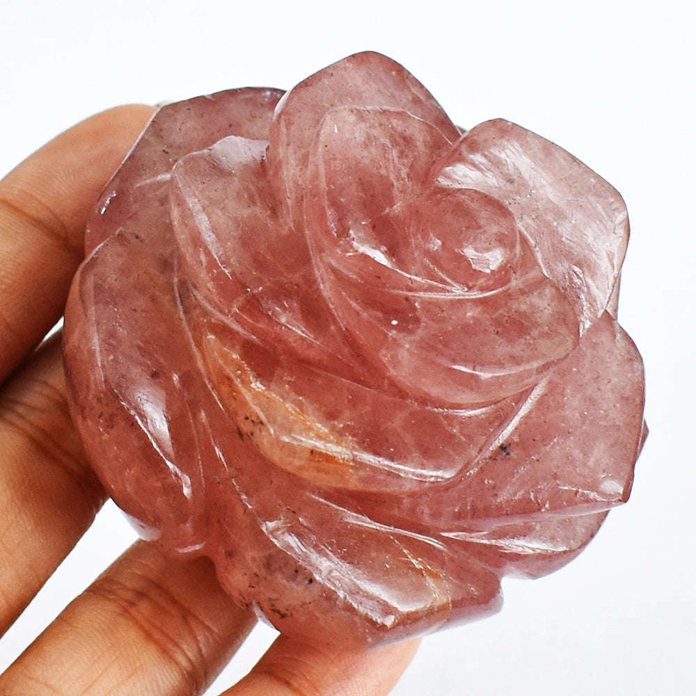 gemsmore:Natural  878.00 Cts  Strawberry  Quartz  Hand  Carved  Rose  Gemstone  Carving