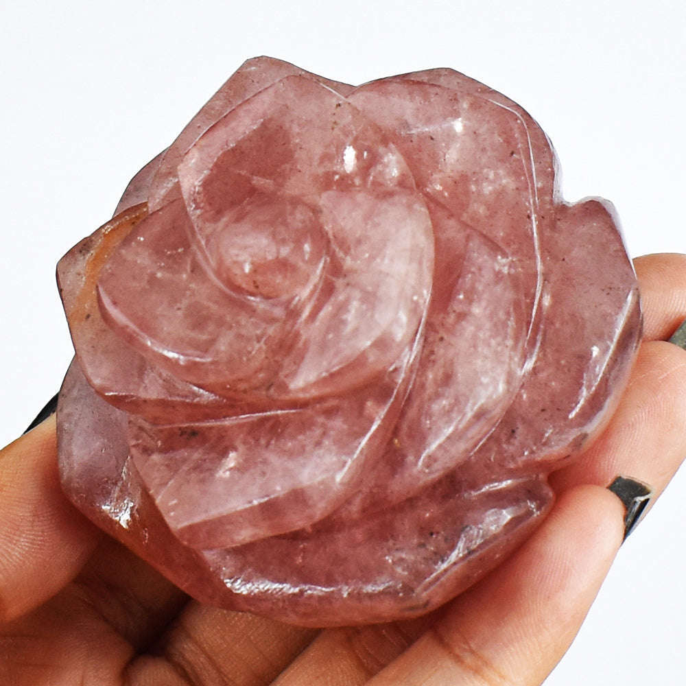 gemsmore:Natural  878.00 Cts  Strawberry  Quartz  Hand  Carved  Rose  Gemstone  Carving