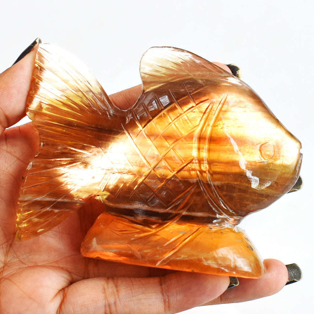 gemsmore:Natural Multicolor Fluorite Hand Carved Genuine Crystal Gemstone Carving Fish