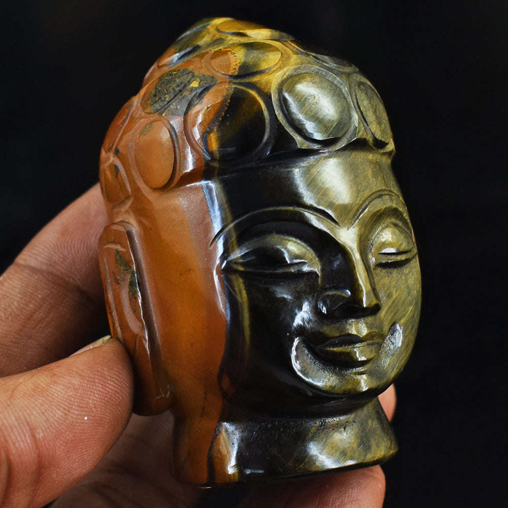 gemsmore:Natural Tiger Eye Hand Carved Genuine Crystal Gemstone Carving Buddha Head