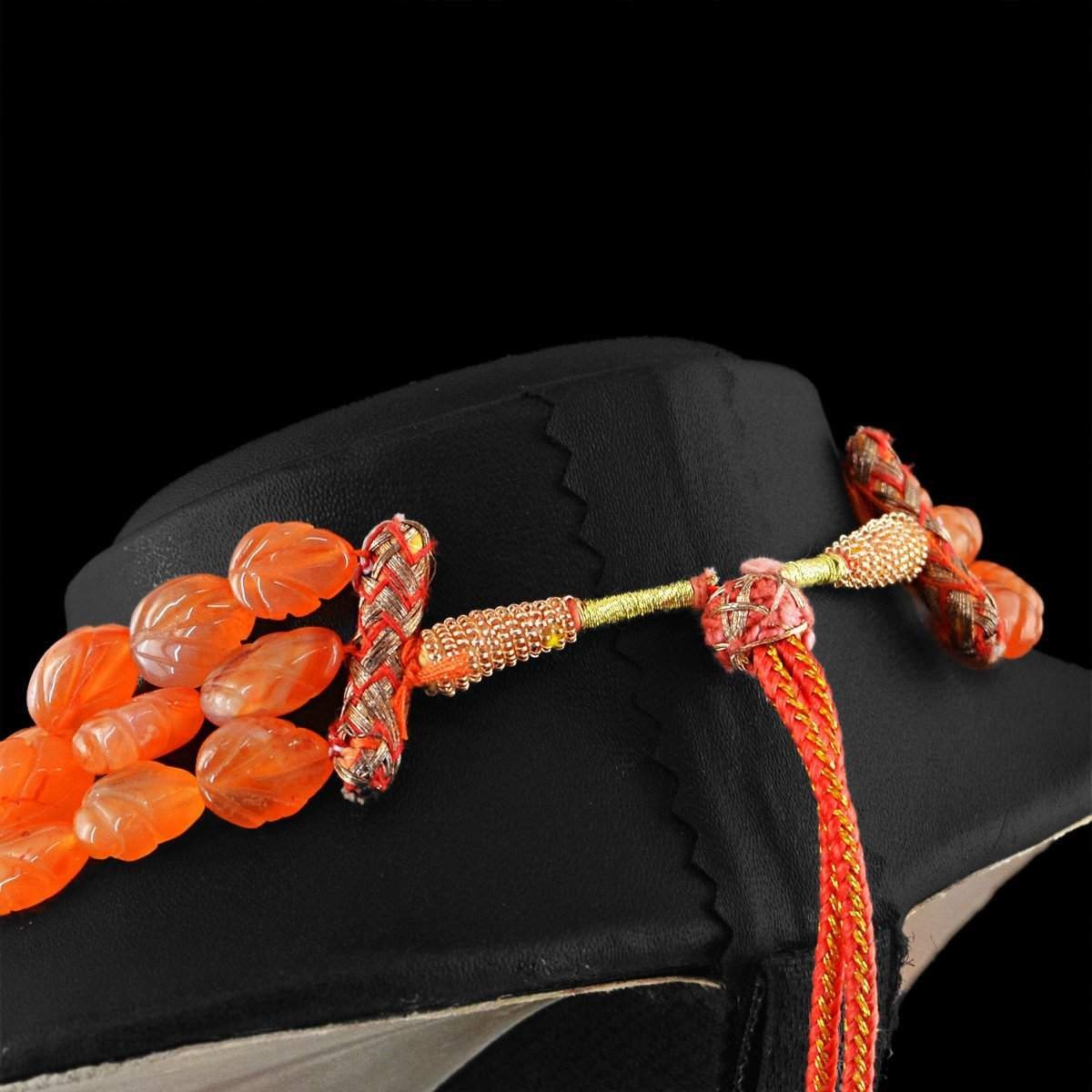 gemsmore:3 Line Orange Carnelian Necklace Natural Pear Shape Carved Beads