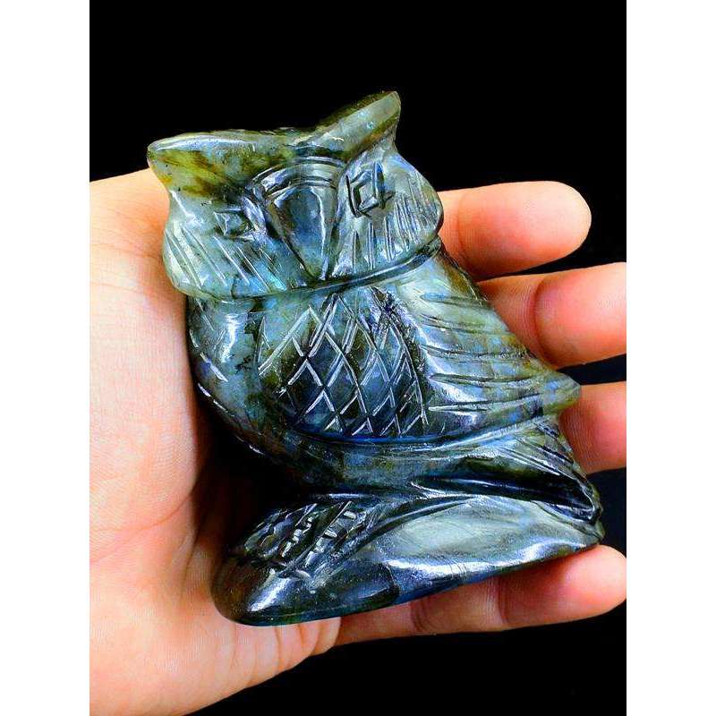 gemsmore:Amazing Blue Flash Labardorite Carved Gemstone Owl