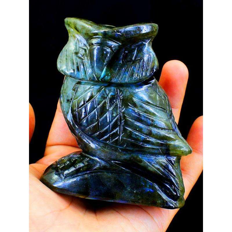 gemsmore:Amazing Blue Flash Labardorite Carved Gemstone Owl