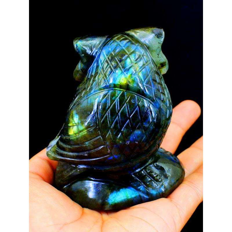 gemsmore:Amazing Blue Flash Labardorite Carved Gemstone Owl