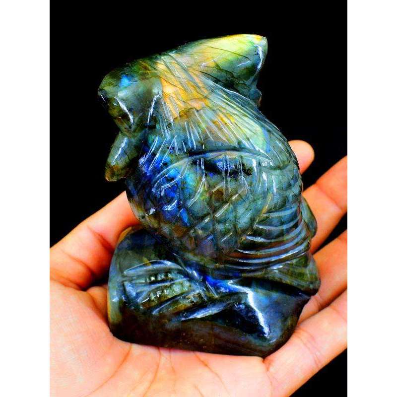 gemsmore:Amazing Blue Flash Labardorite Carved Gemstone Owl