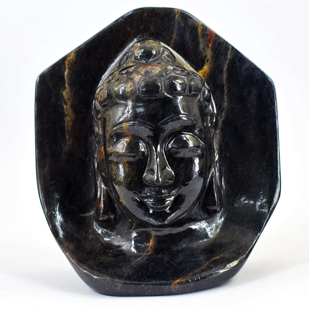 gemsmore:Amazing Blue Power Tiger Eye Hand Carved Crystal Gemstone Carving  Buddha Head