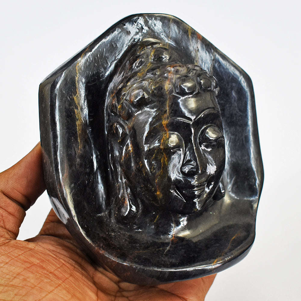 gemsmore:Amazing Blue Power Tiger Eye Hand Carved Crystal Gemstone Carving  Buddha Head