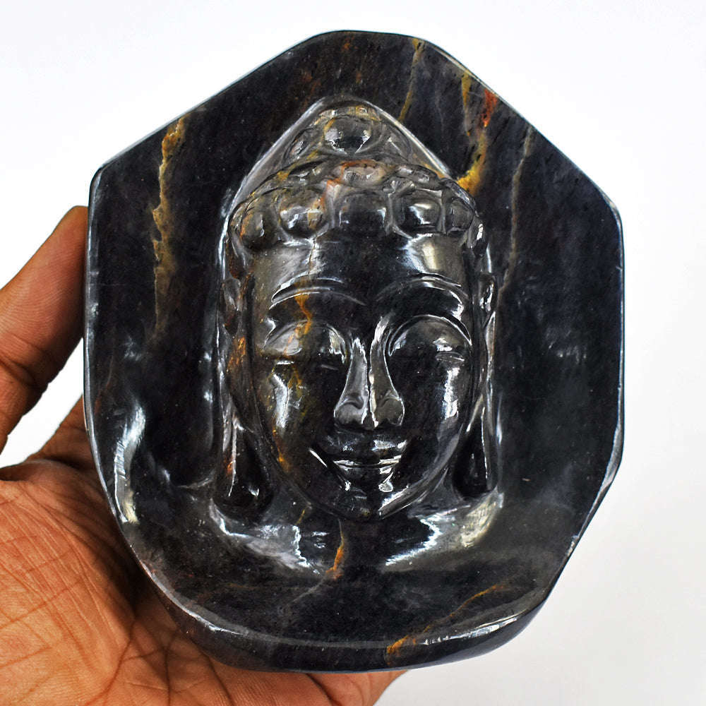 gemsmore:Amazing Blue Power Tiger Eye Hand Carved Crystal Gemstone Carving  Buddha Head