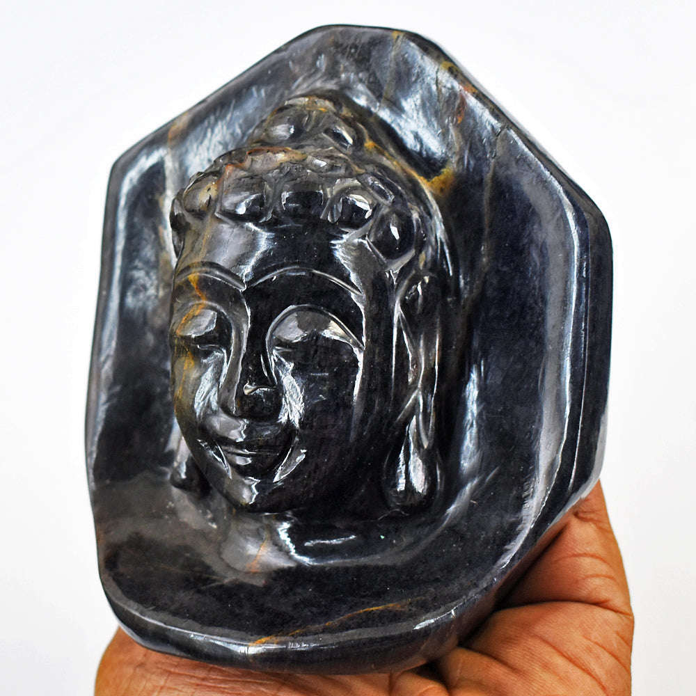 gemsmore:Amazing Blue Power Tiger Eye Hand Carved Crystal Gemstone Carving  Buddha Head