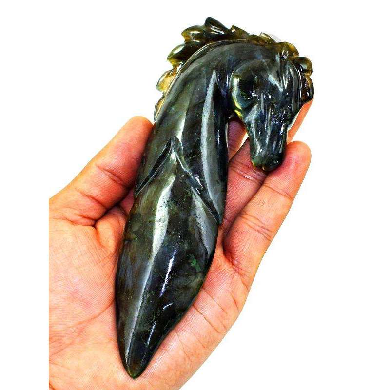 gemsmore:Amazing Flash Labradorite Carved Horse Designed Dagger