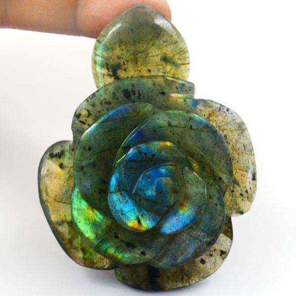 gemsmore:Amazing Flash Labradorite Carved Rose With Leaf