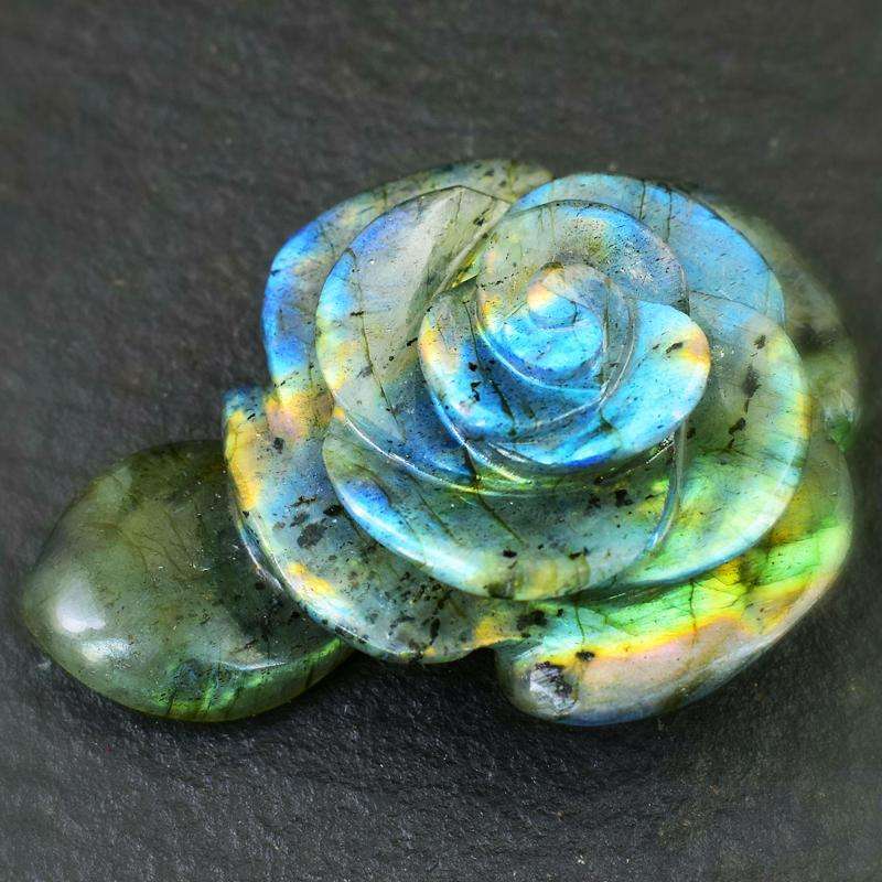 gemsmore:Amazing Flash Labradorite Carved Rose With Leaf