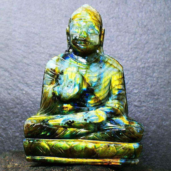 gemsmore:Amazing Golden Flash Labradorite Carved Buddha Peace Idol
