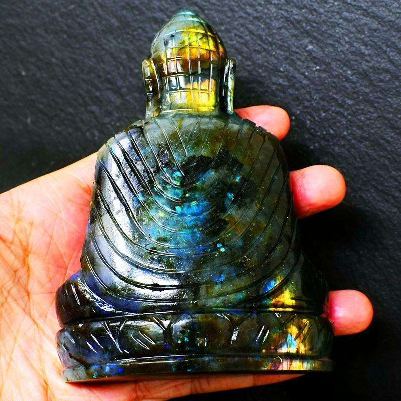 gemsmore:Amazing Golden Flash Labradorite Carved Buddha Peace Idol