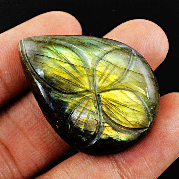 gemsmore:Amazing Golden Flash Labradorite Pear Shape Flower Carved Loose Gemstone