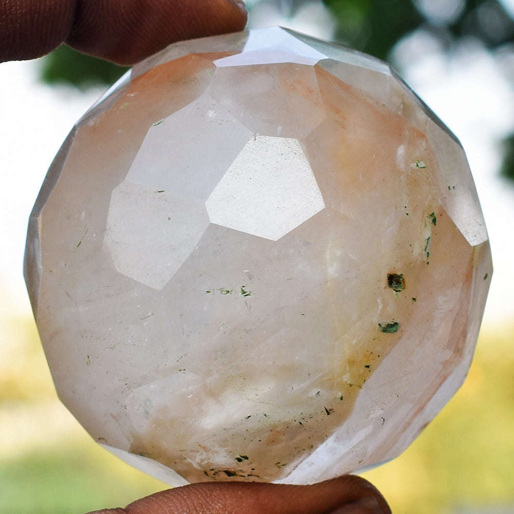 gemsmore:Amazing Golden Rutile Quartz Hand Carved Crystal Checkers Cut Healing Sphere