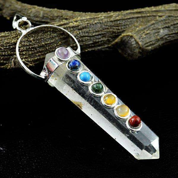 gemsmore:Amazing Natural White Quartz Seven Chakra Healing Point Pendant