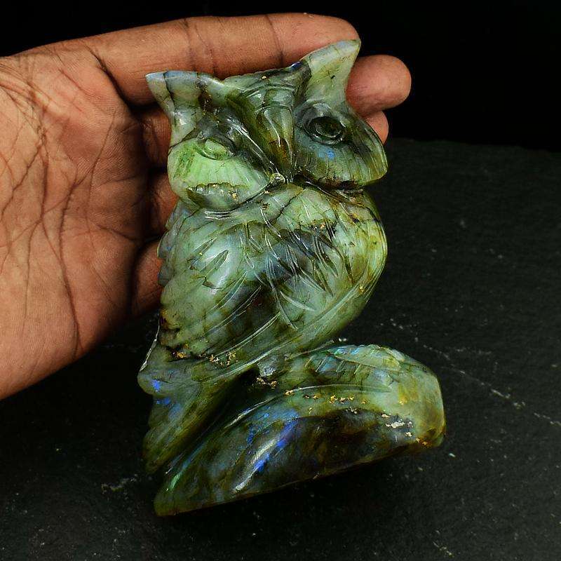 gemsmore:Artisian Detailed Hand Carved Labradorite Owl