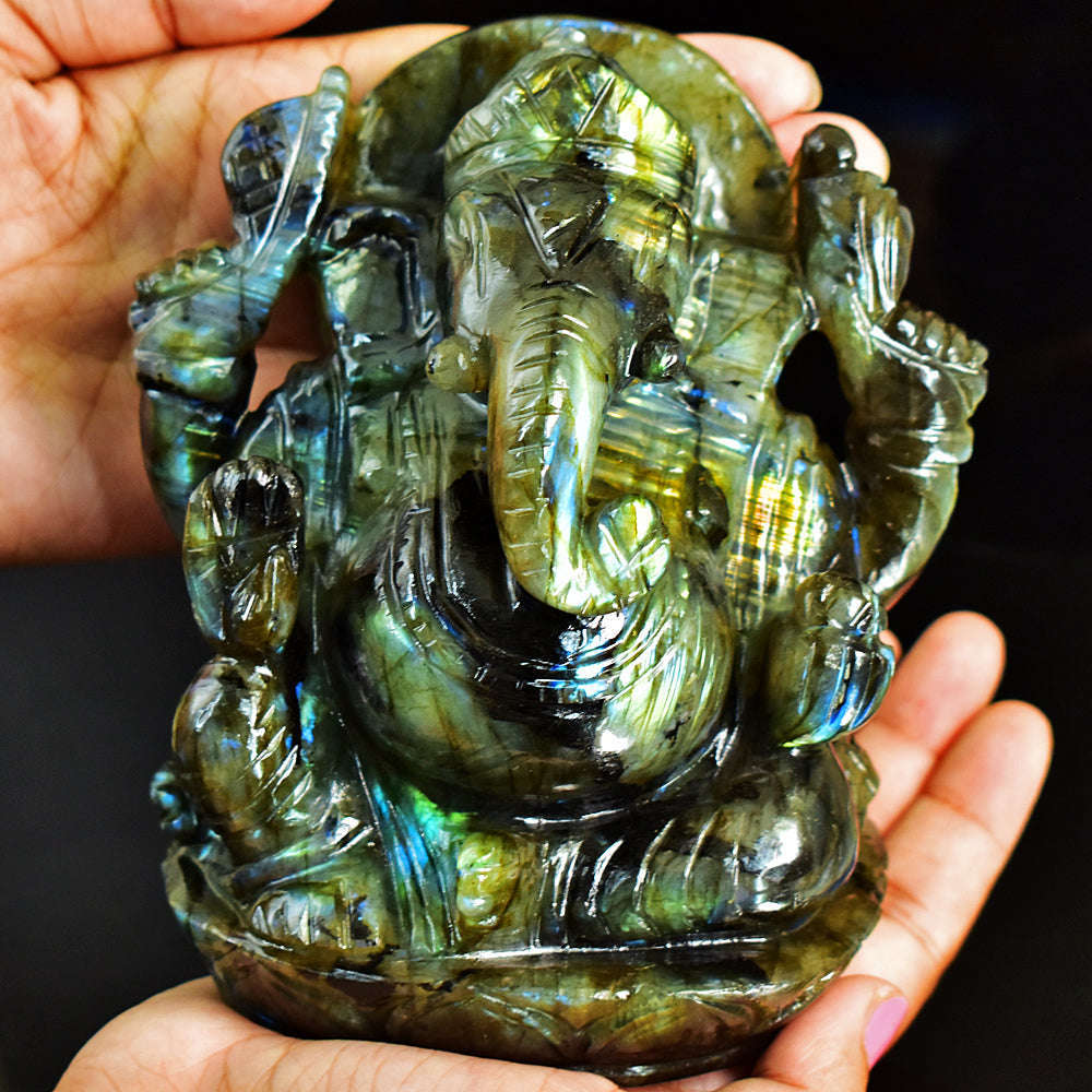 gemsmore:Artisian Labradorite Hand Carved Genuine Crystal Gemstone Carving Massive Lord Ganesha